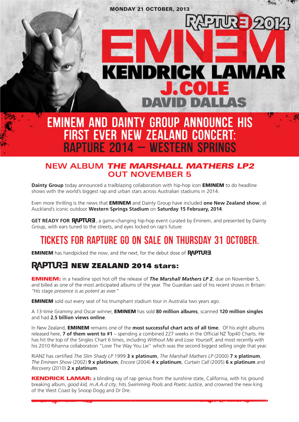 Eminem and Dainty Group Announce His First Ever New Zealand Concert: Rapture 2014 – Western Springs