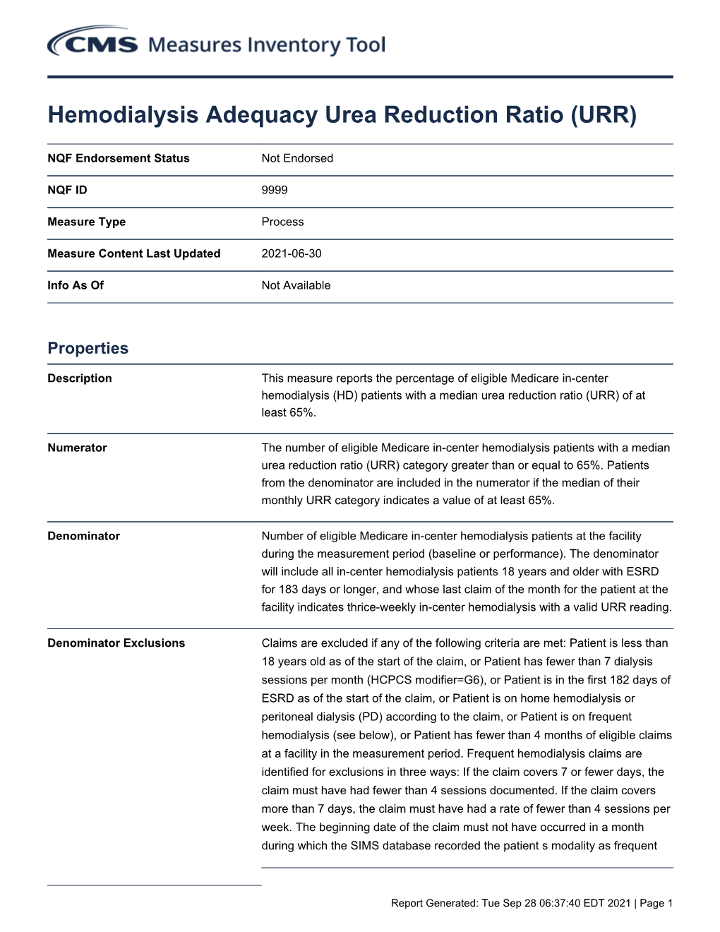 Hemodialysis Adequacy Urea Reduction Ratio (URR)