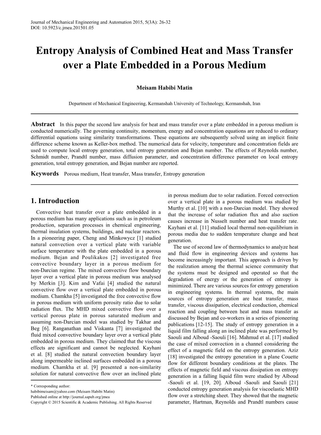 Porous Medium, Heat Transfer, Mass Transfer, Entropy Generation