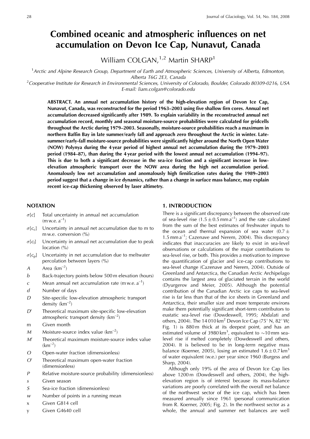 Combined Oceanic and Atmospheric Influences on Net Accumulation on Devon Ice Cap, Nunavut, Canada