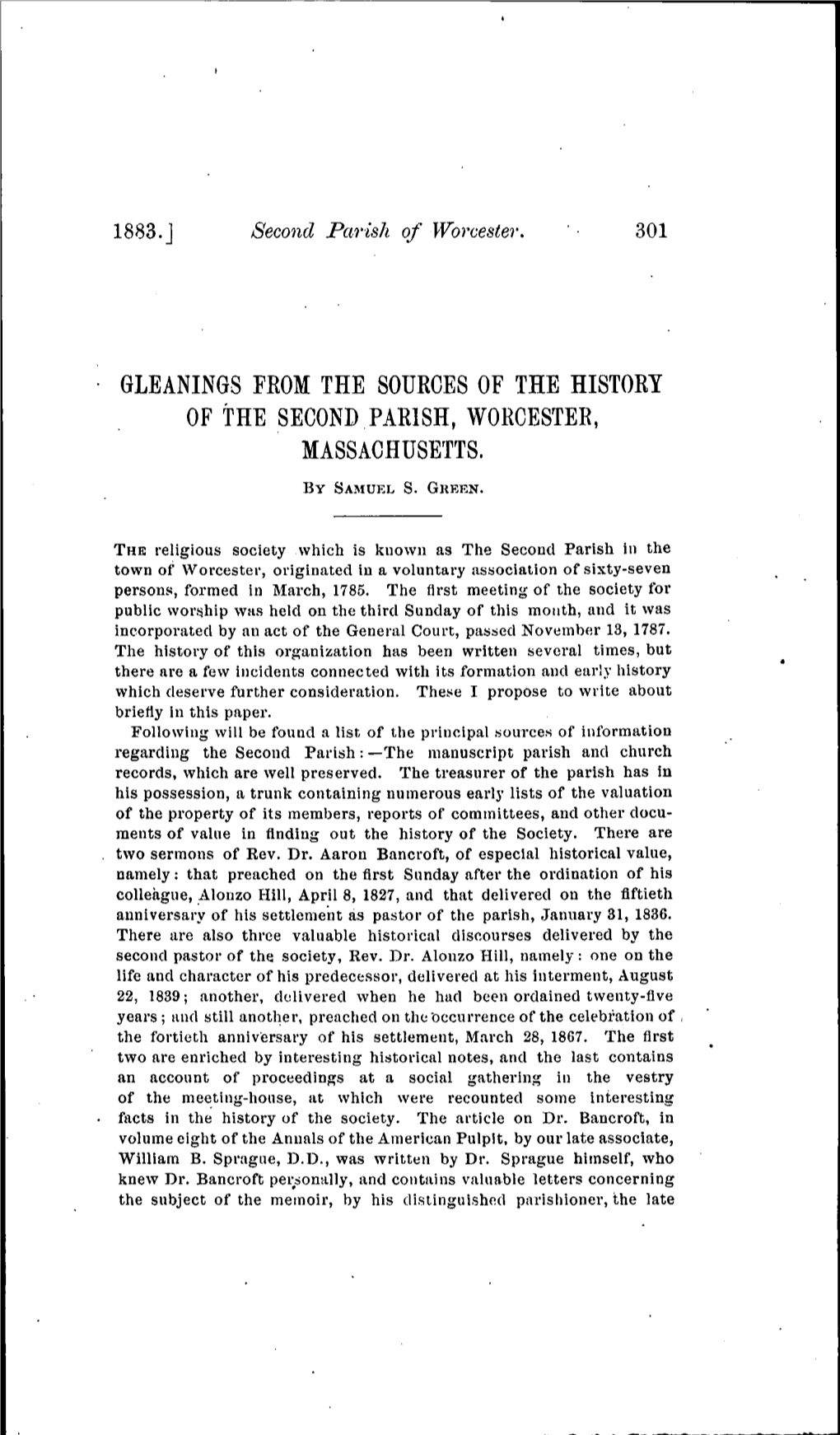 Gleanings Feom the Sources of the History of the Second Parish, Worcester, Massachusetts