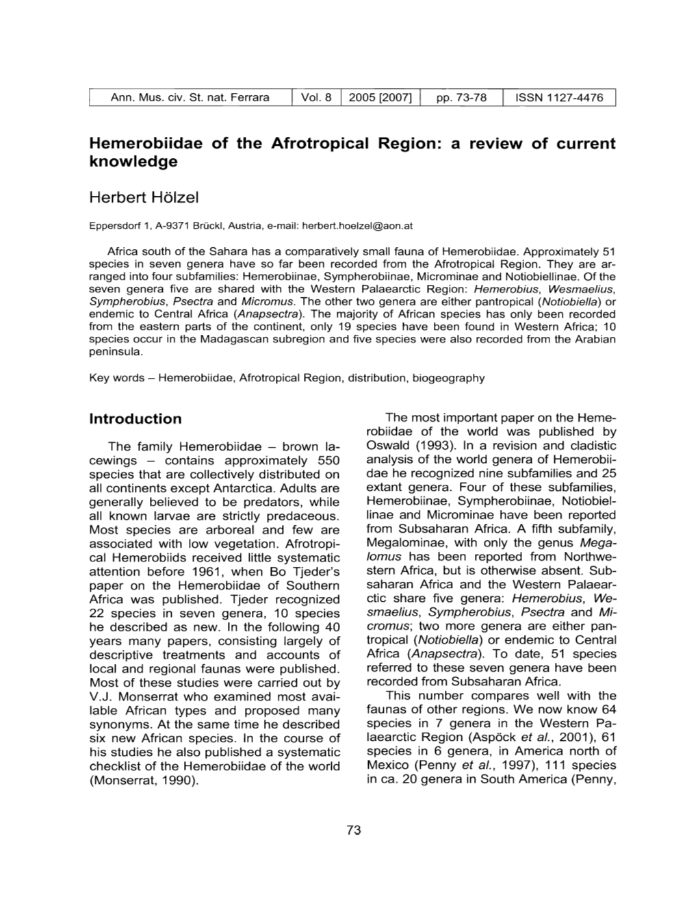 Hemerobiidae of the Afrotropical Region: a Review of Current Knowledge