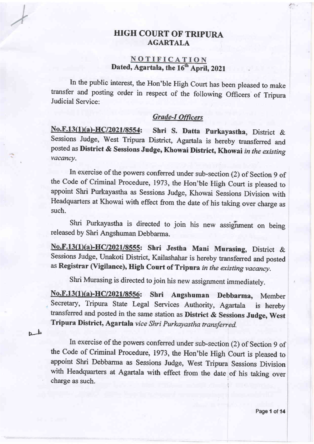 Transfer and Posting of the Following Judicial Officers of Tripura Judicial Service