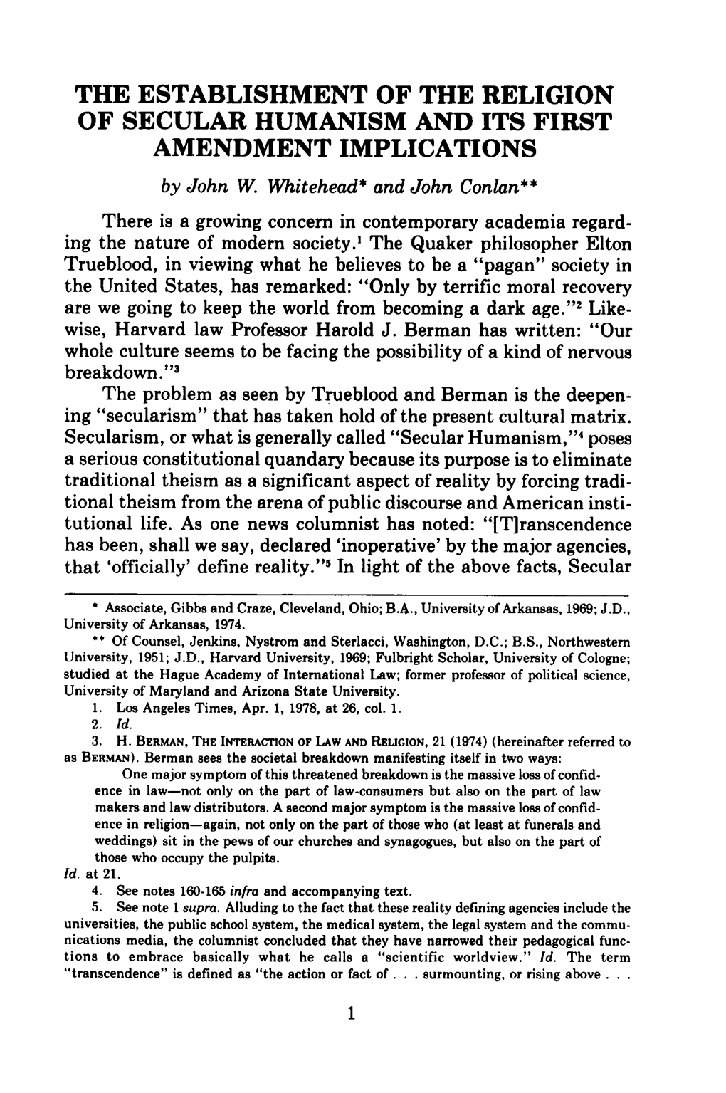 ESTABLISHMENT of the RELIGION of SECULAR HUMANISM and ITS FIRST AMENDMENT IMPLICATIONS by John W