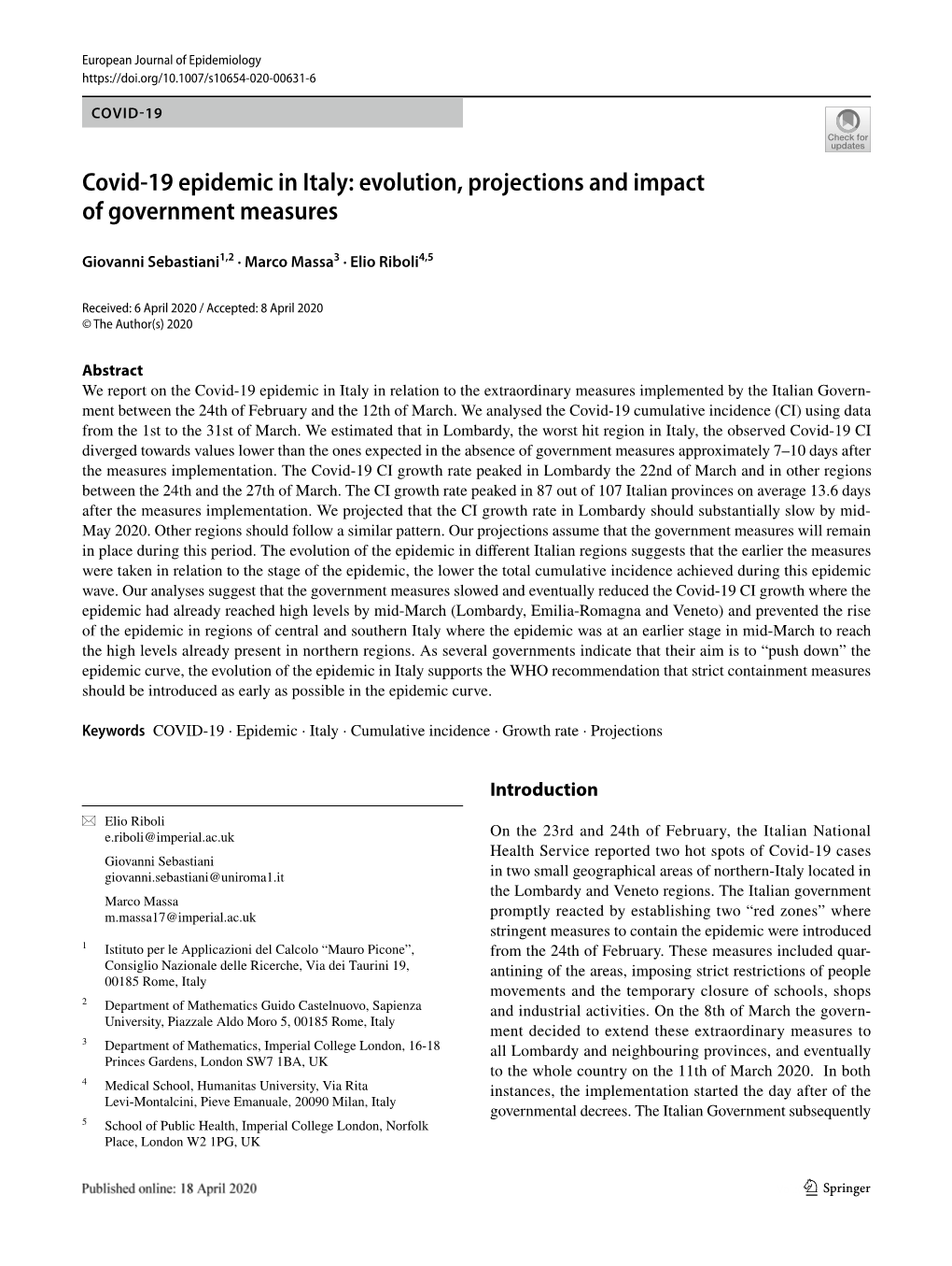 Covid-19 Epidemic in Italy: Evolution, Projections and Impact Of