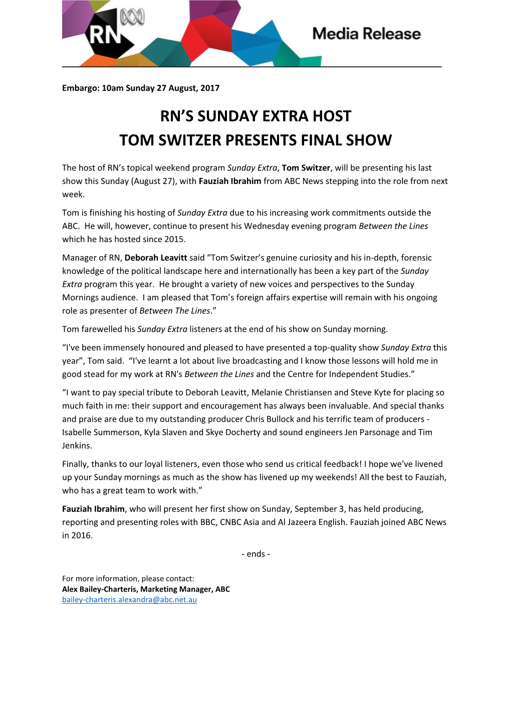 Rn's Sunday Extra Host Tom Switzer Presents Final Show