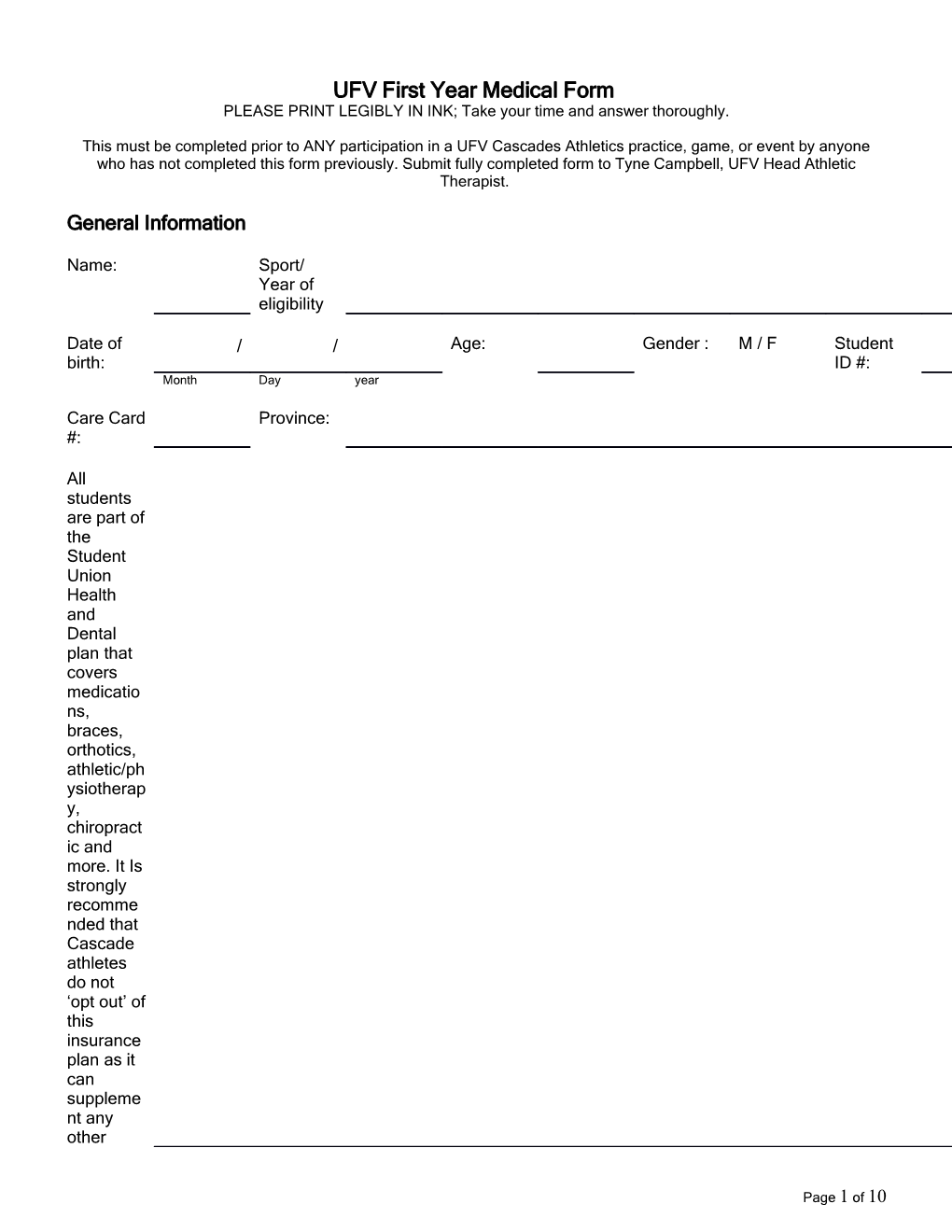 UFV First Year Medical Form