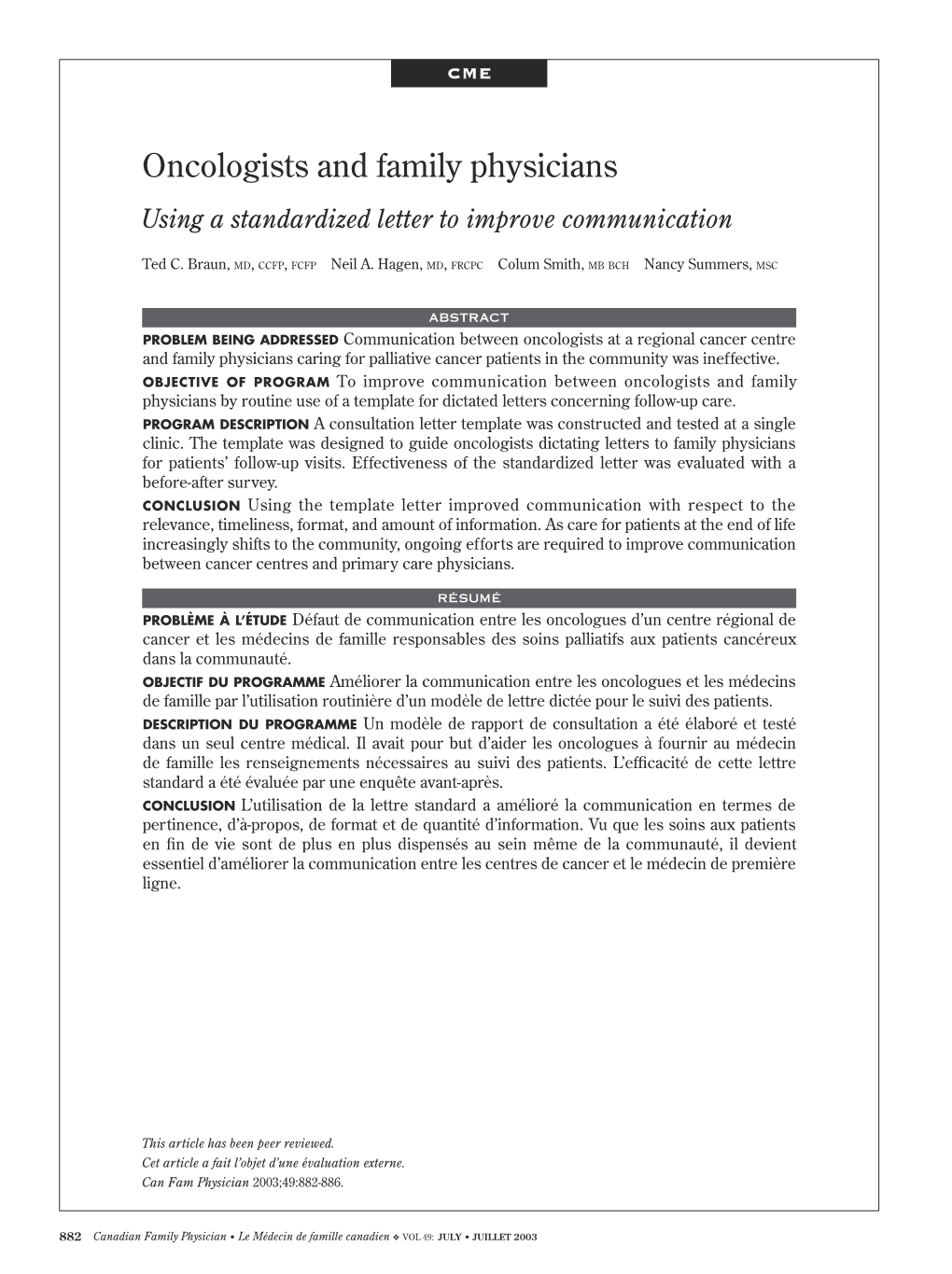 Oncologists and Family Physicians Oncologists and Family Physicians Using a Standardized Letter to Improve Communication