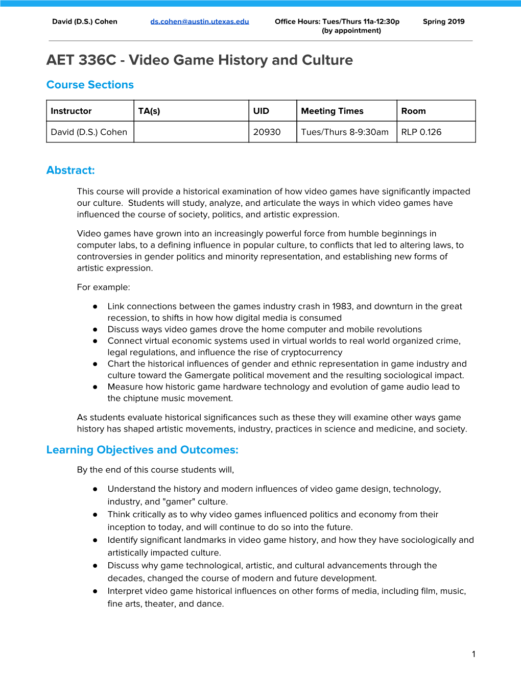 AET 336C - Video Game History and Culture Course Sections