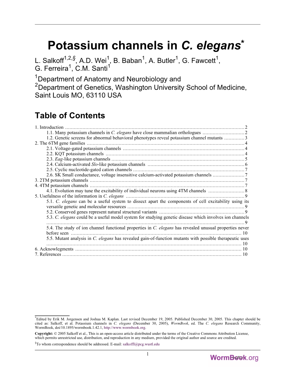 Potassium Channels in C. Elegans* 1,2,§ 1 1 1 1