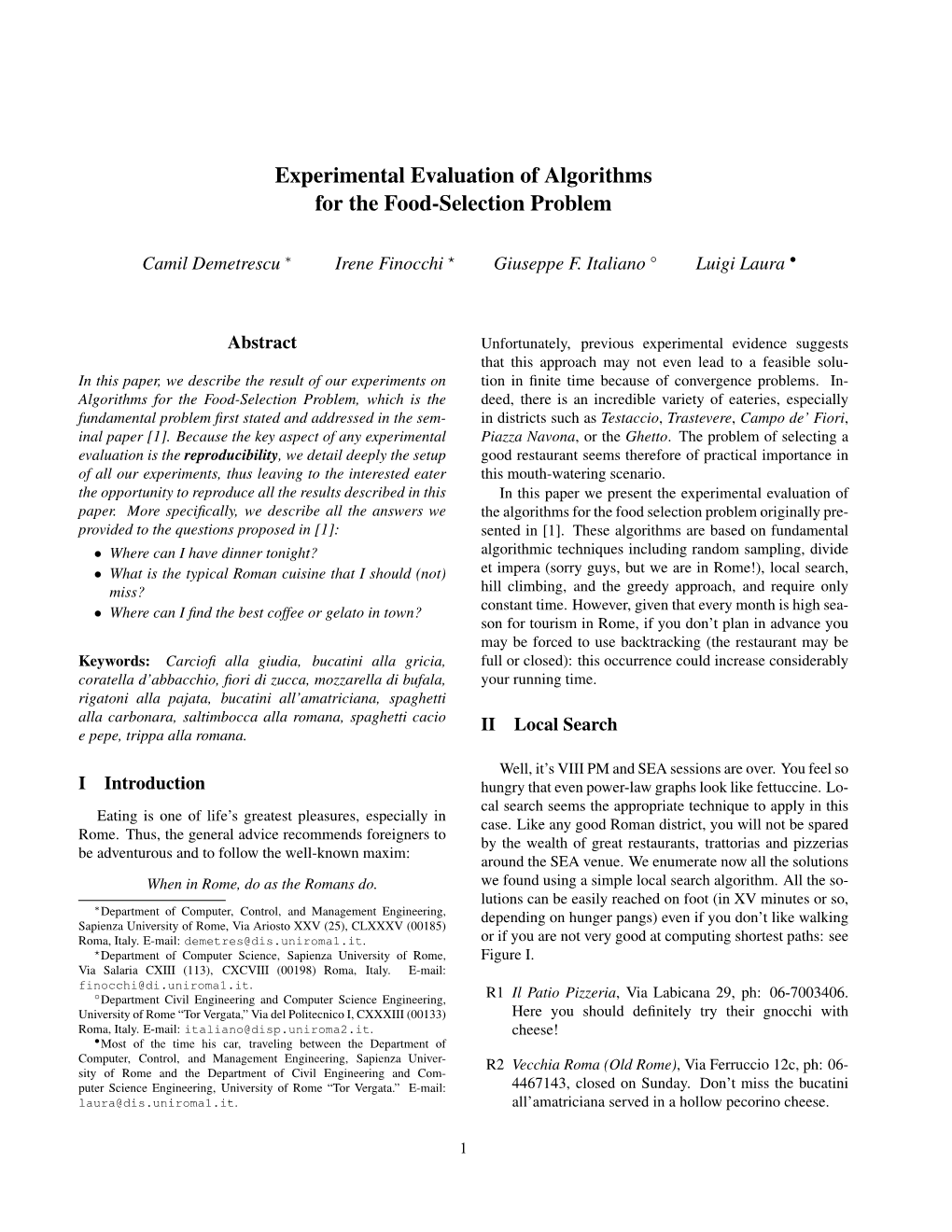 Experimental Evaluation of Algorithms for the Food-Selection Problem