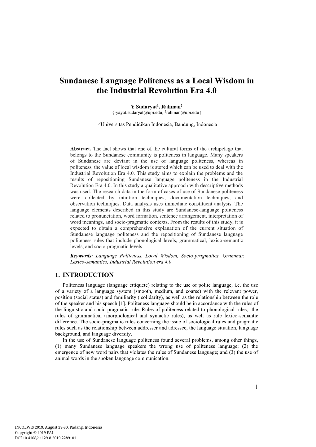 Sundanese Language Politeness As a Local Wisdom in the Industrial Revolution Era 4.0