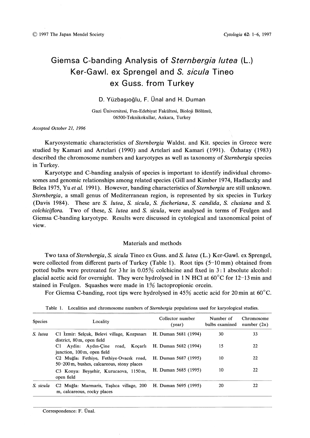 Giemsa C-Banding Analysis of Sternbergia Lutea (L.) Ker-Gawl