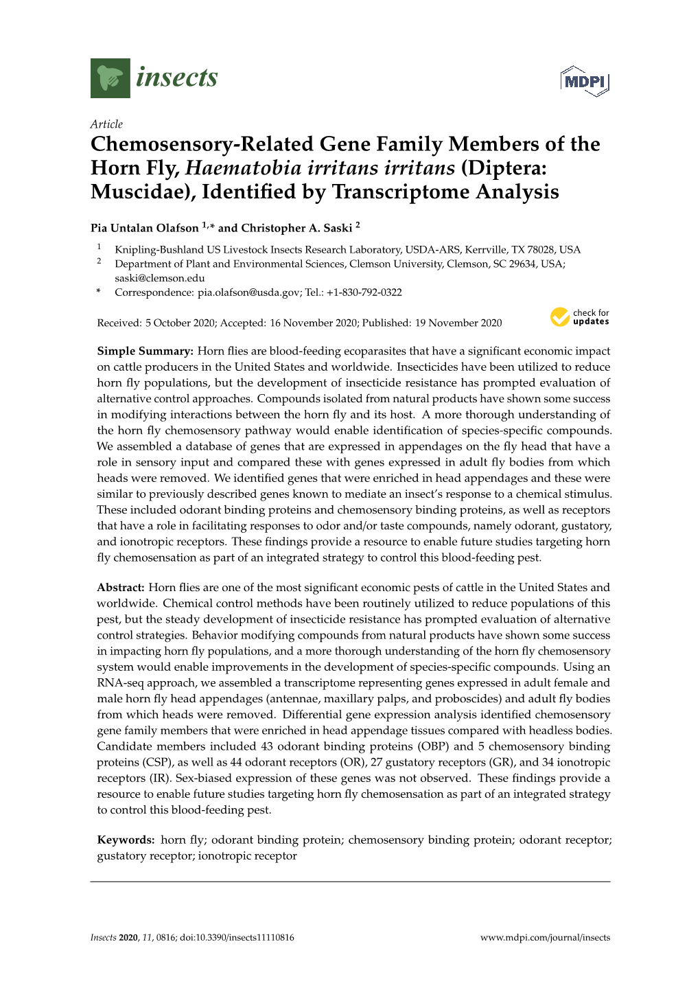 Chemosensory-Related Gene Family Members of the Horn Fly, Haematobia Irritans Irritans (Diptera: Muscidae), Identiﬁed by Transcriptome Analysis
