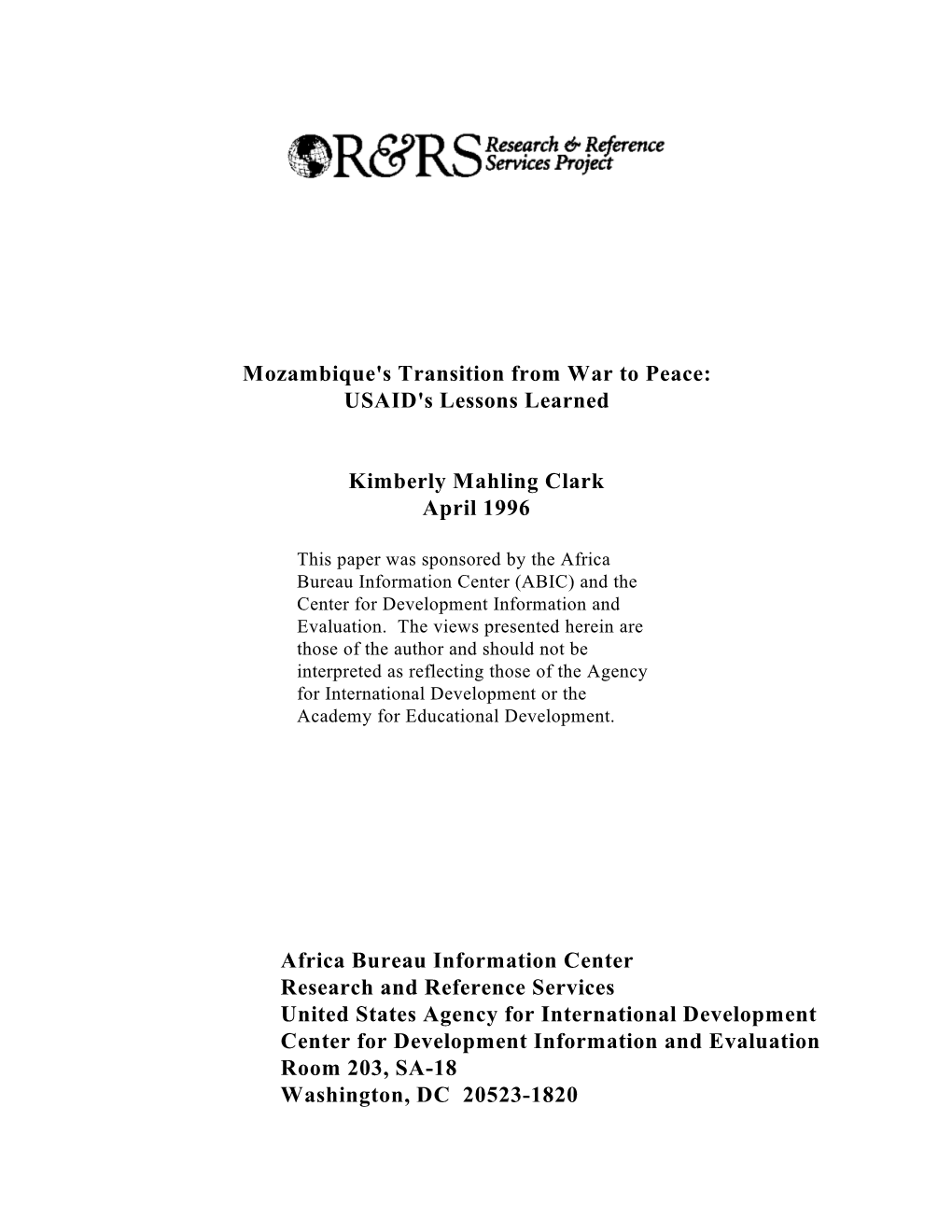 Mozambique's Transition from War to Peace: USAID's Lessons Learned