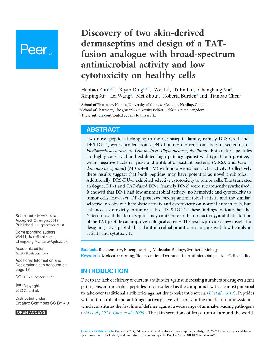 Discovery of Two Skin-Derived Dermaseptins and Design of a TAT- Fusion Analogue with Broad-Spectrum Antimicrobial Activity and Low Cytotoxicity on Healthy Cells