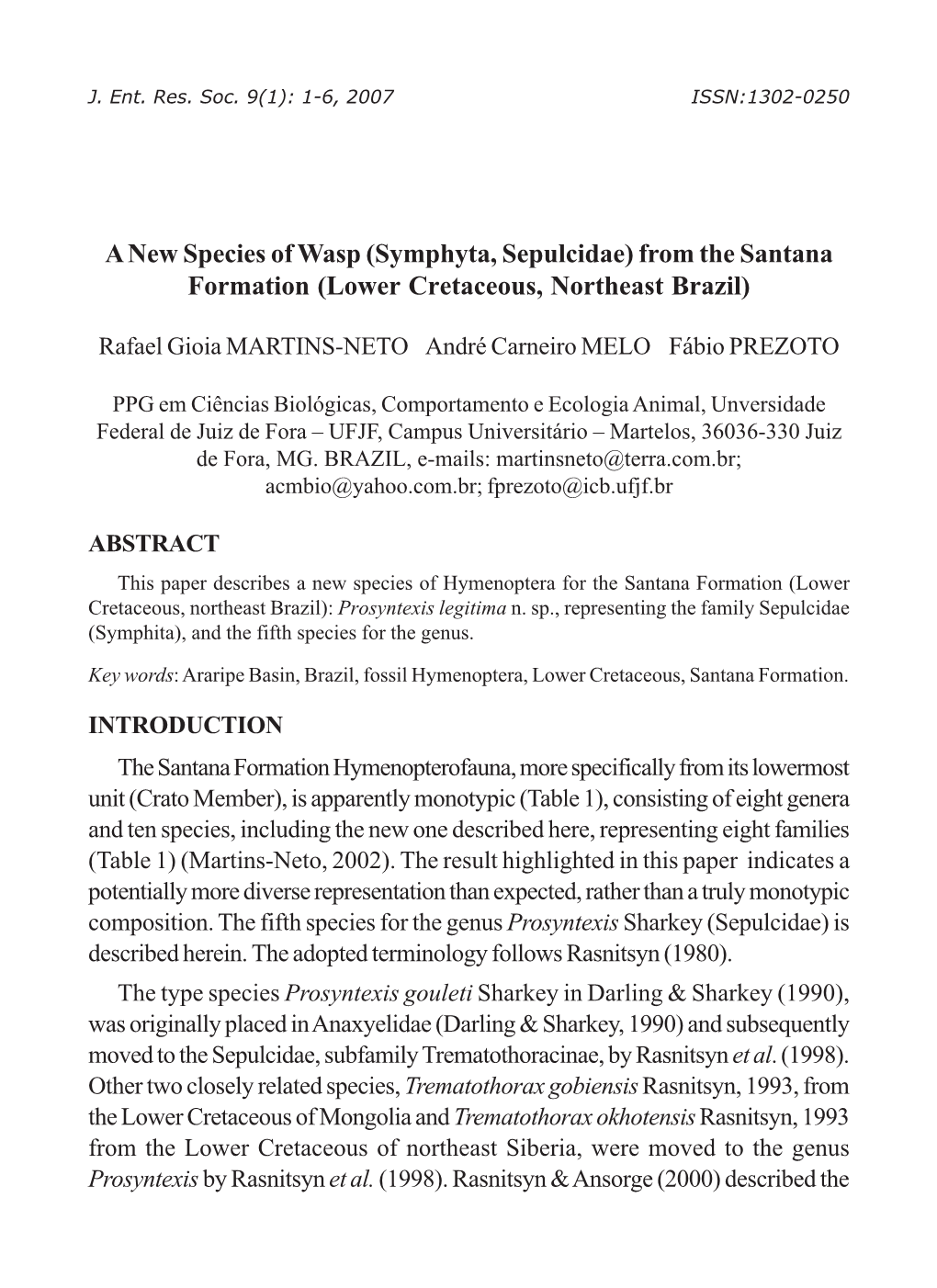 Symphyta, Sepulcidae) from the Santana Formation (Lower Cretaceous, Northeast Brazil