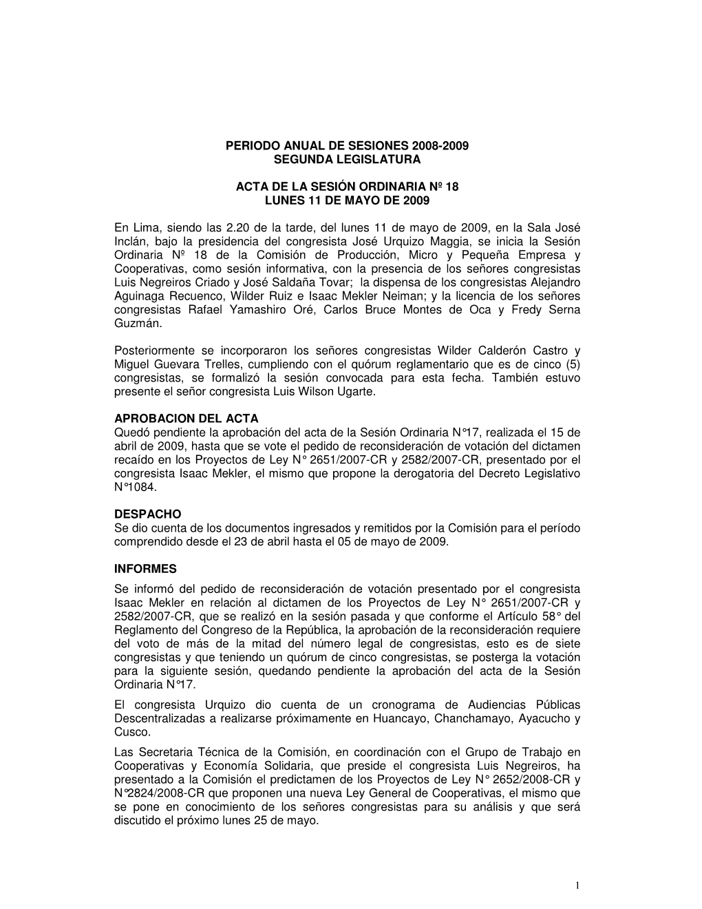 Periodo Anual De Sesiones 2008-2009 Segunda Legislatura