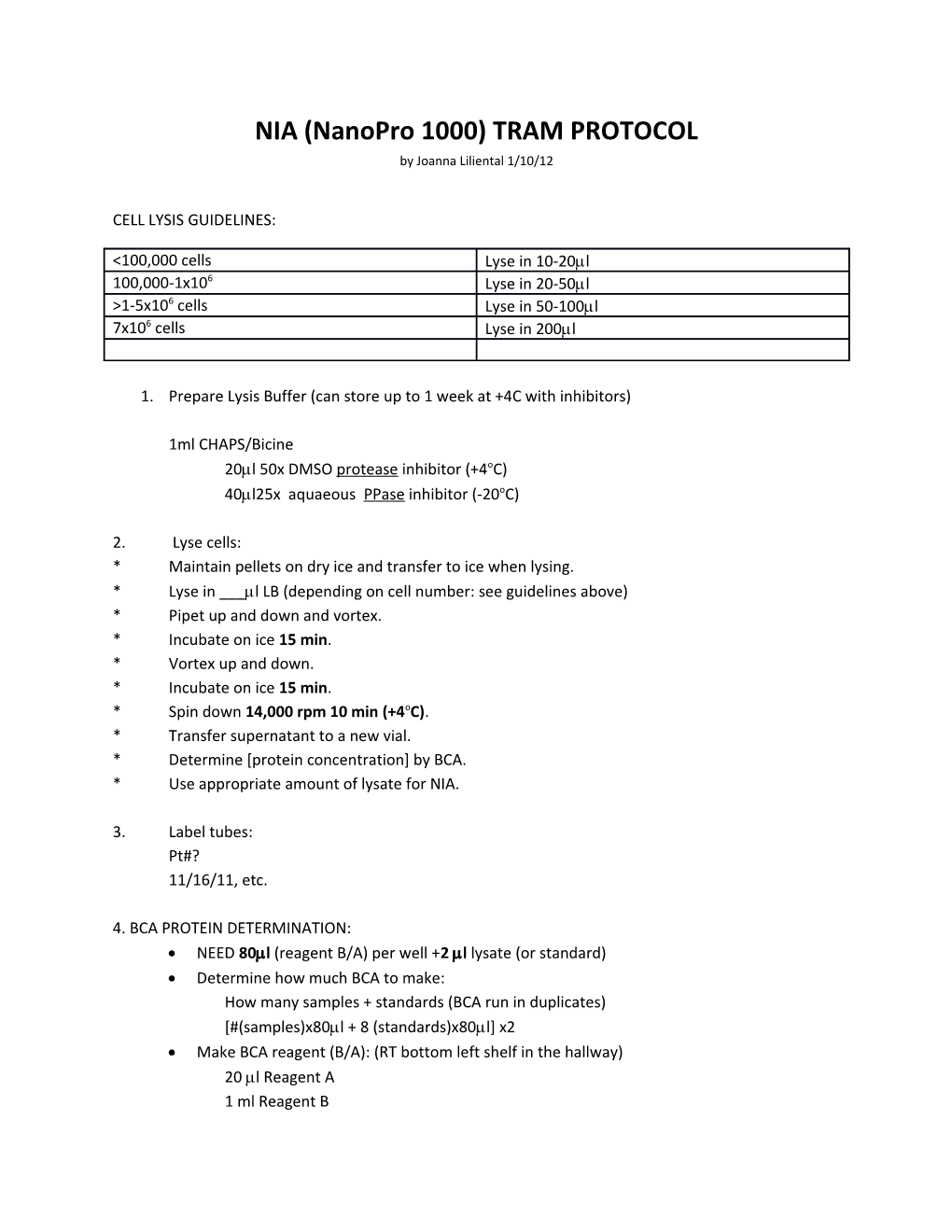 NIA (Nanopro 1000) TRAM PROTOCOL