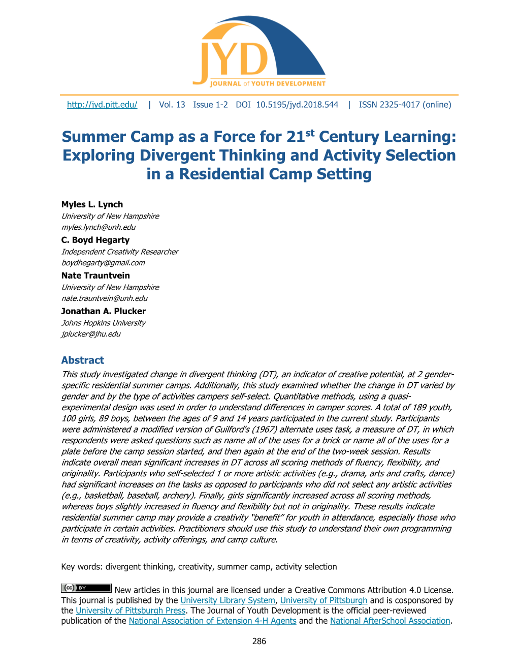 Summer Camp As a Force for 21St Century Learning: Exploring Divergent Thinking and Activity Selection in a Residential Camp Setting