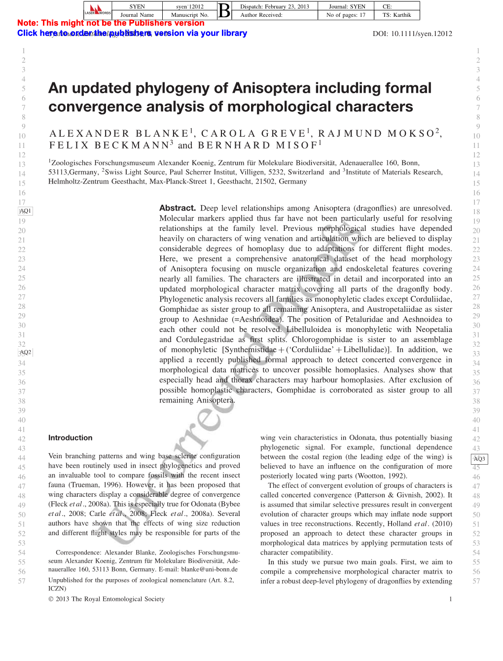 An Updated Phylogeny of Anisoptera Including Formal Convergence