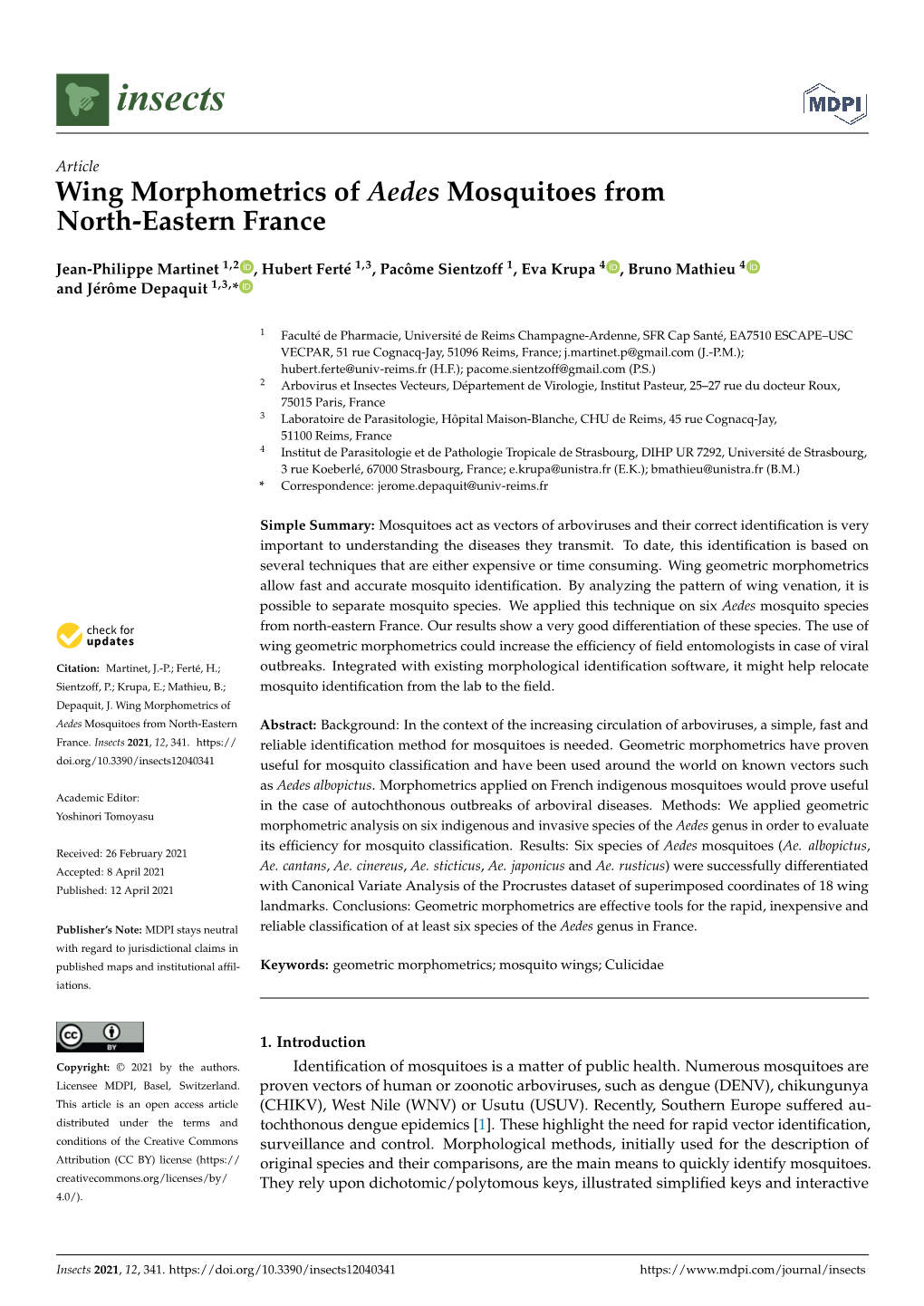 Wing Morphometrics of Aedes Mosquitoes from North-Eastern France