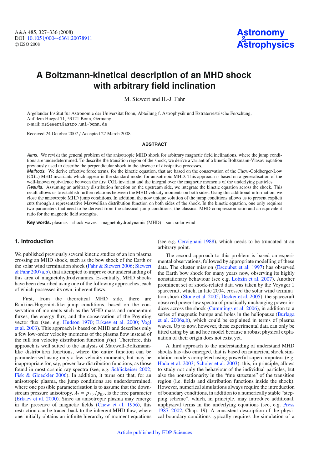 A Boltzmann-Kinetical Description of an MHD Shock with Arbitrary Field