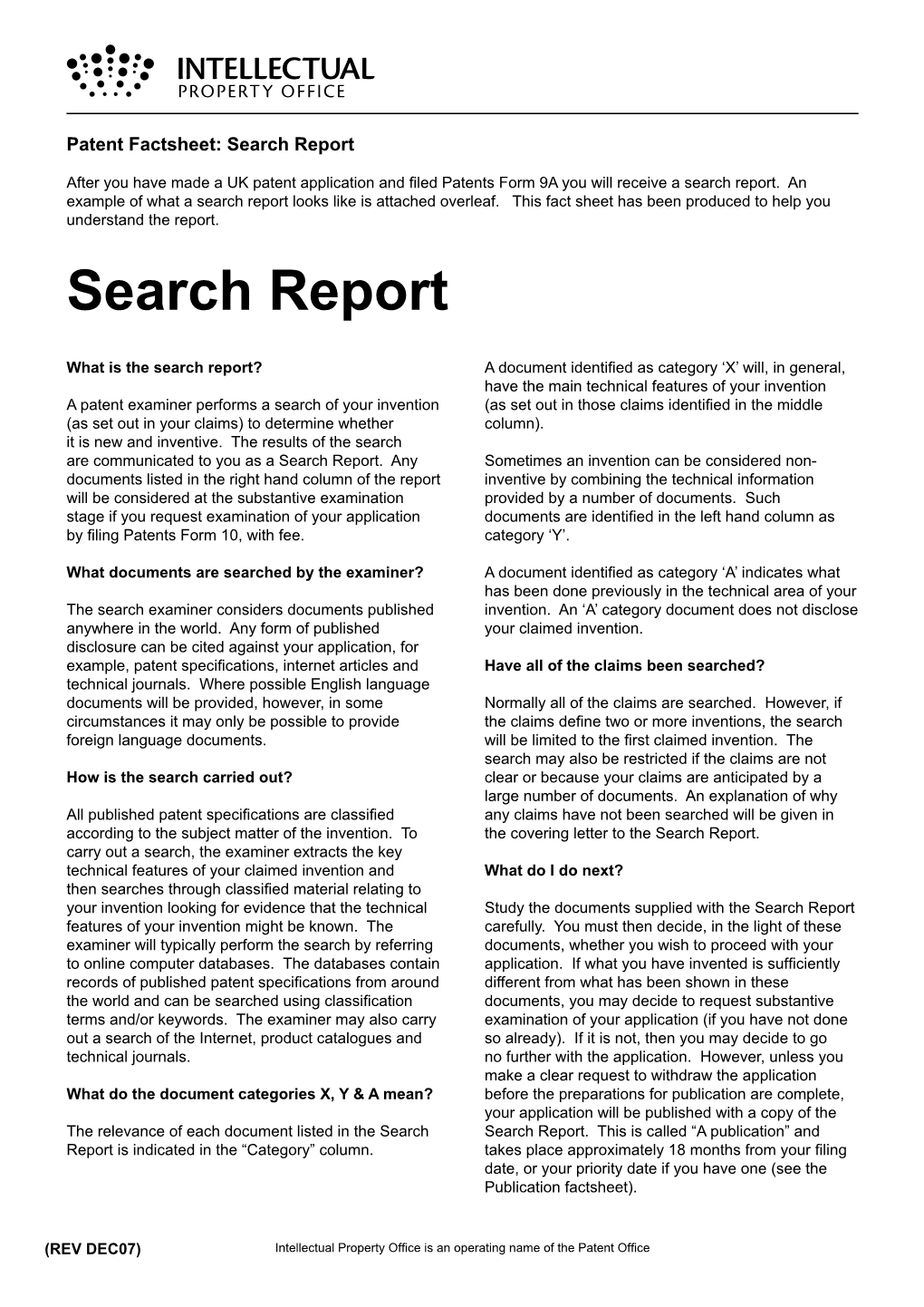 Patent Factsheet: Search Report