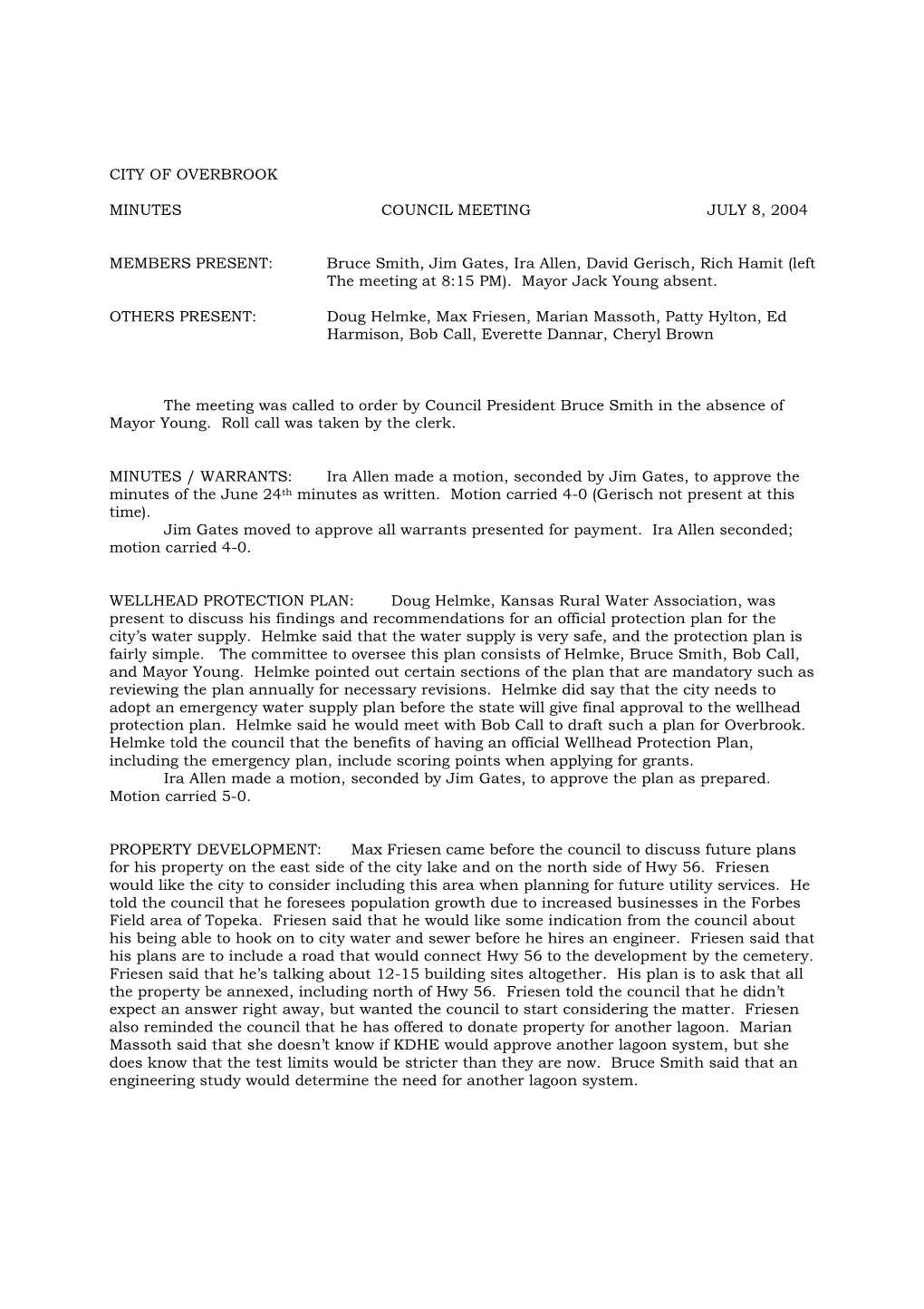 City of Overbrook Minutes Council Meeting July 8, 2004