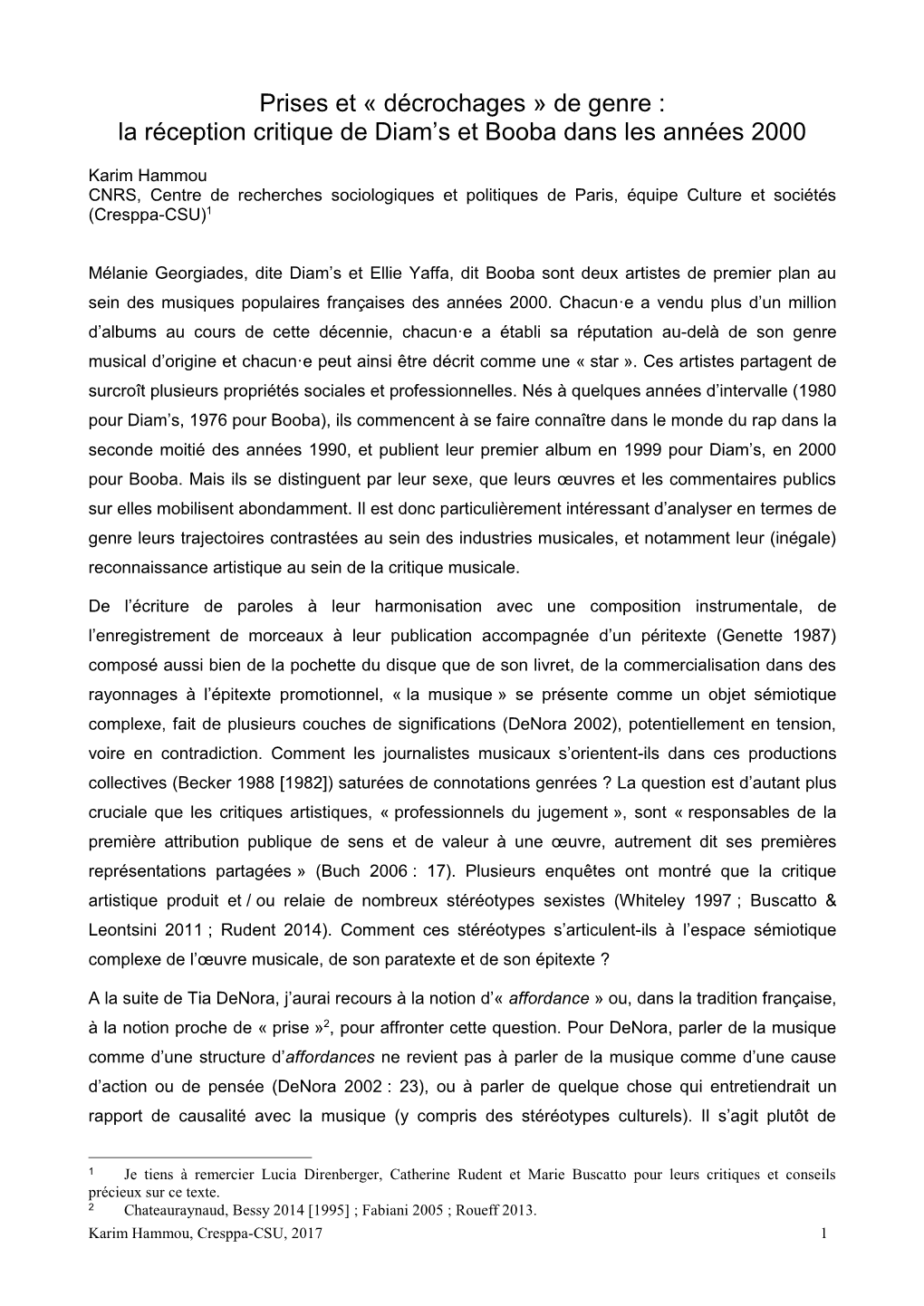 Hammou CNRS, Centre De Recherches Sociologiques Et Politiques De Paris, Équipe Culture Et Sociétés (Cresppa-CSU)1