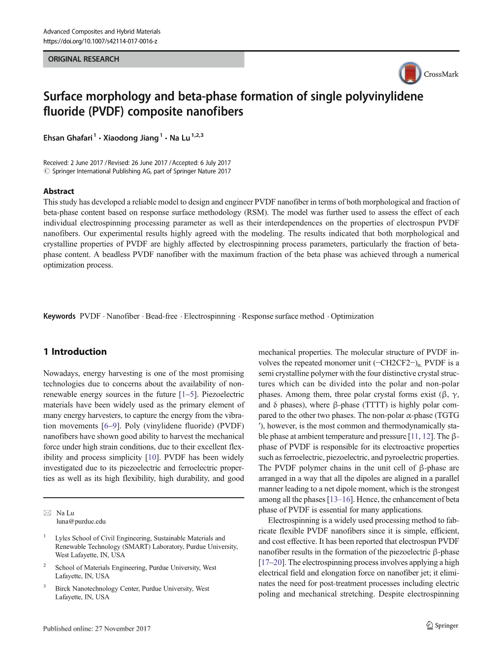 Surface Morphology and Beta-Phase Formation of Single Polyvinylidene Fluoride (PVDF) Composite Nanofibers