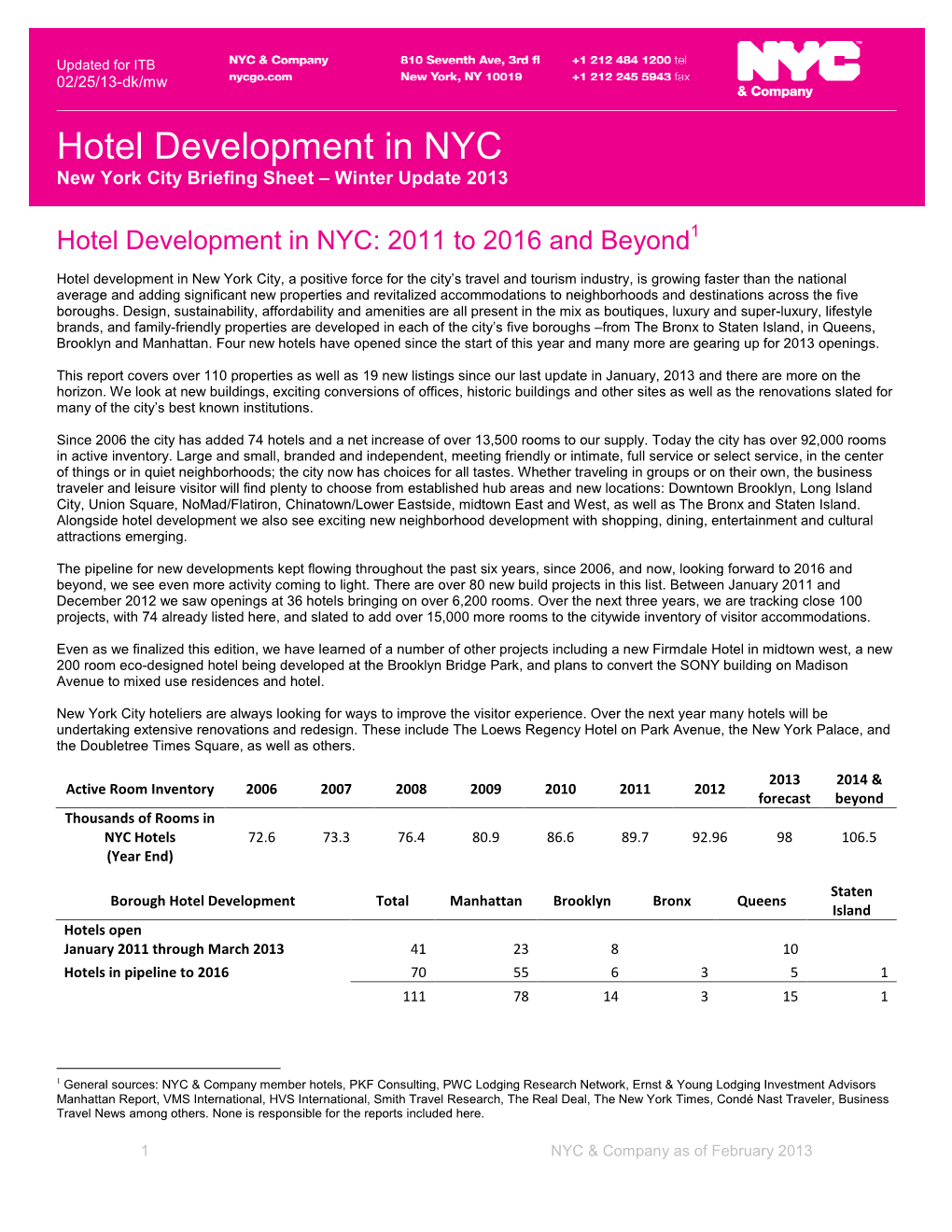 Hotel Development in NYC New York City Briefing Sheet – Winter Update 2013