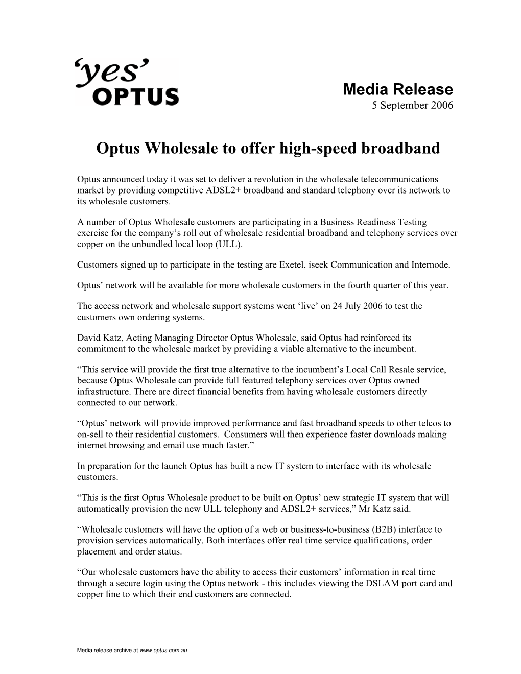 Optus Wholesale to Offer High-Speed Broadband