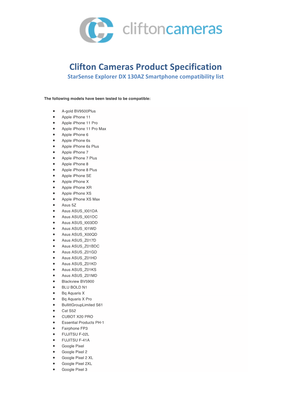 Clifton Cameras Product Specification Starsense Explorer DX 130AZ Smartphone Compatibility List