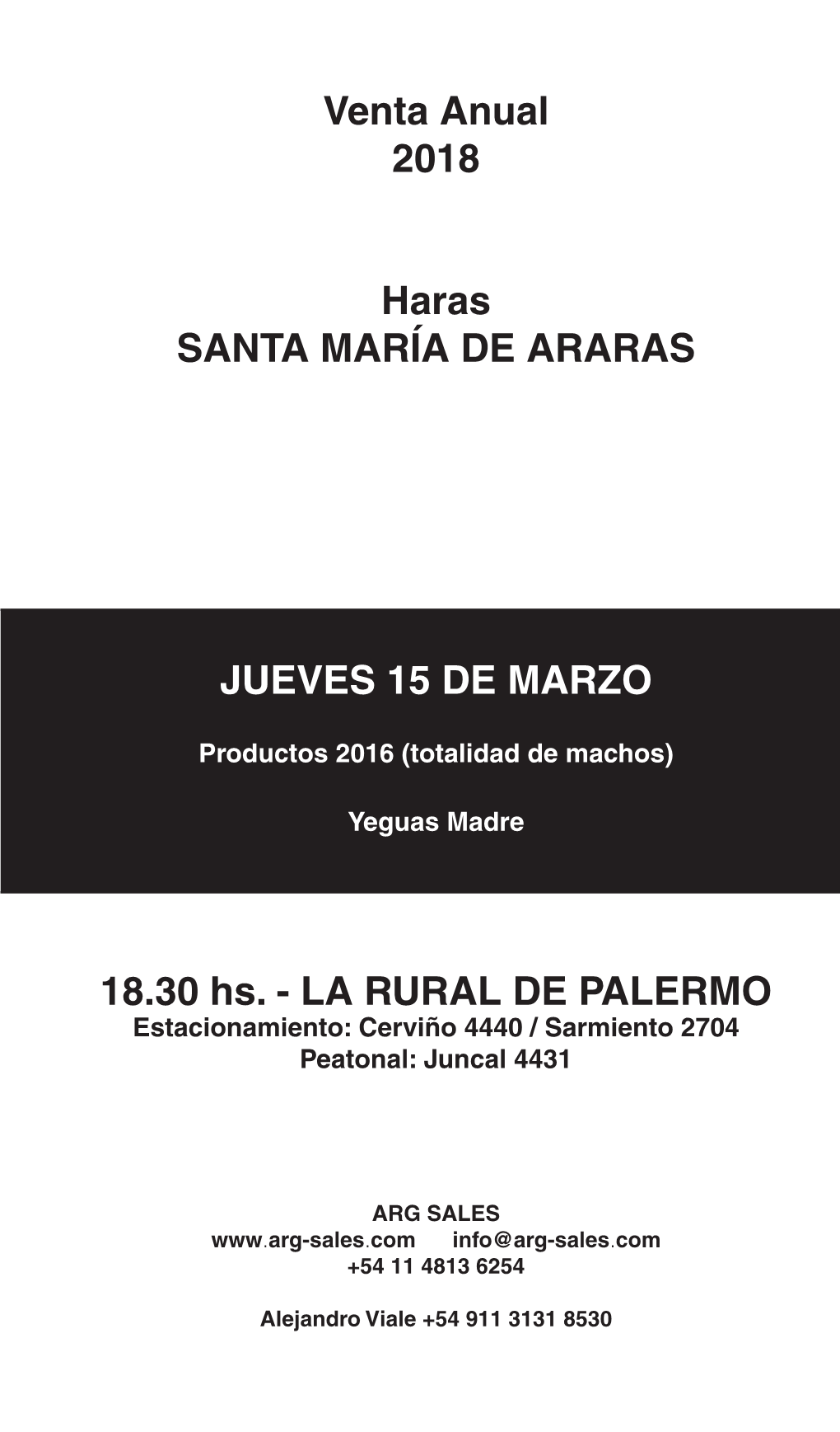 Venta Anual 2018 Haras SANTA MARÍA DE ARARAS JUEVES 15