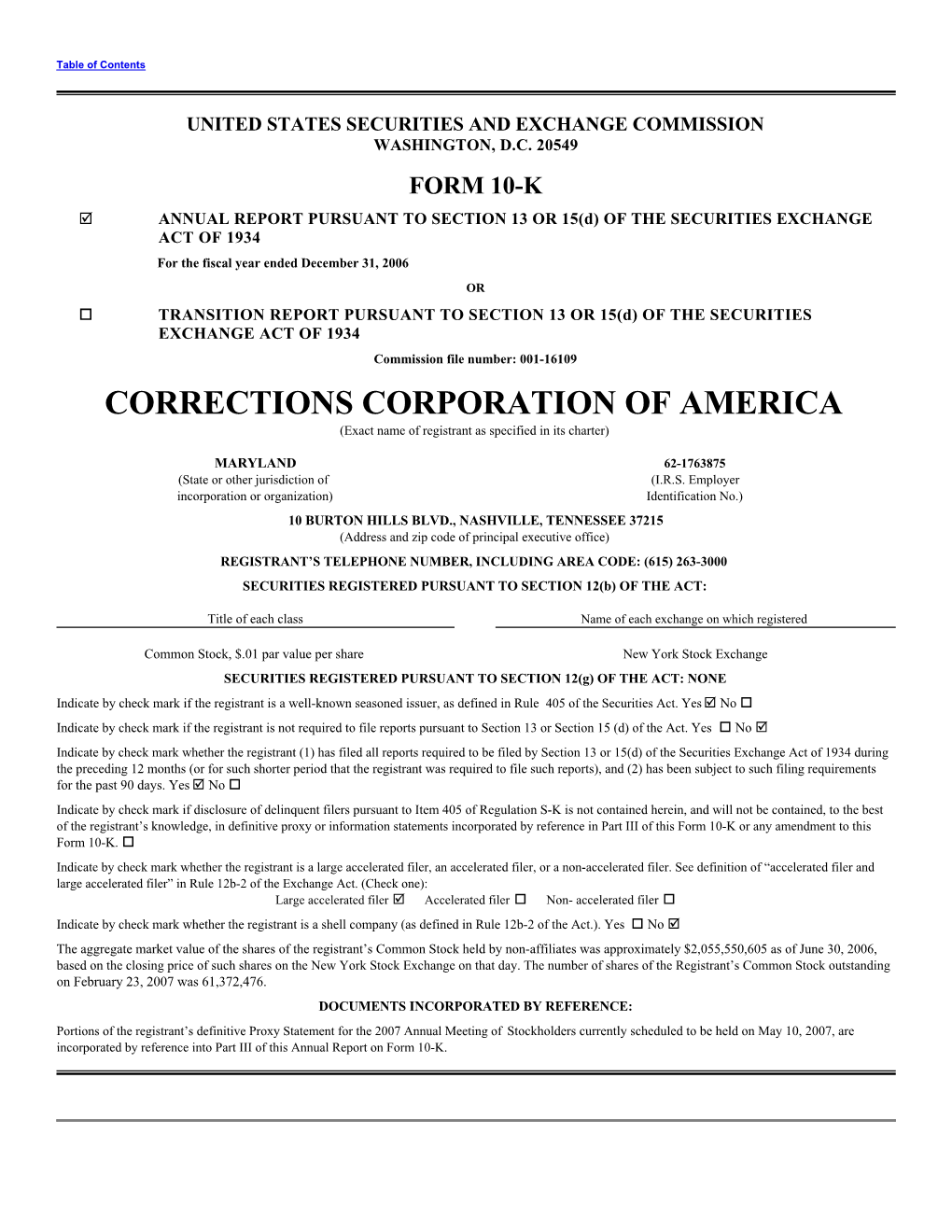 CORRECTIONS CORPORATION of AMERICA (Exact Name of Registrant As Specified in Its Charter)