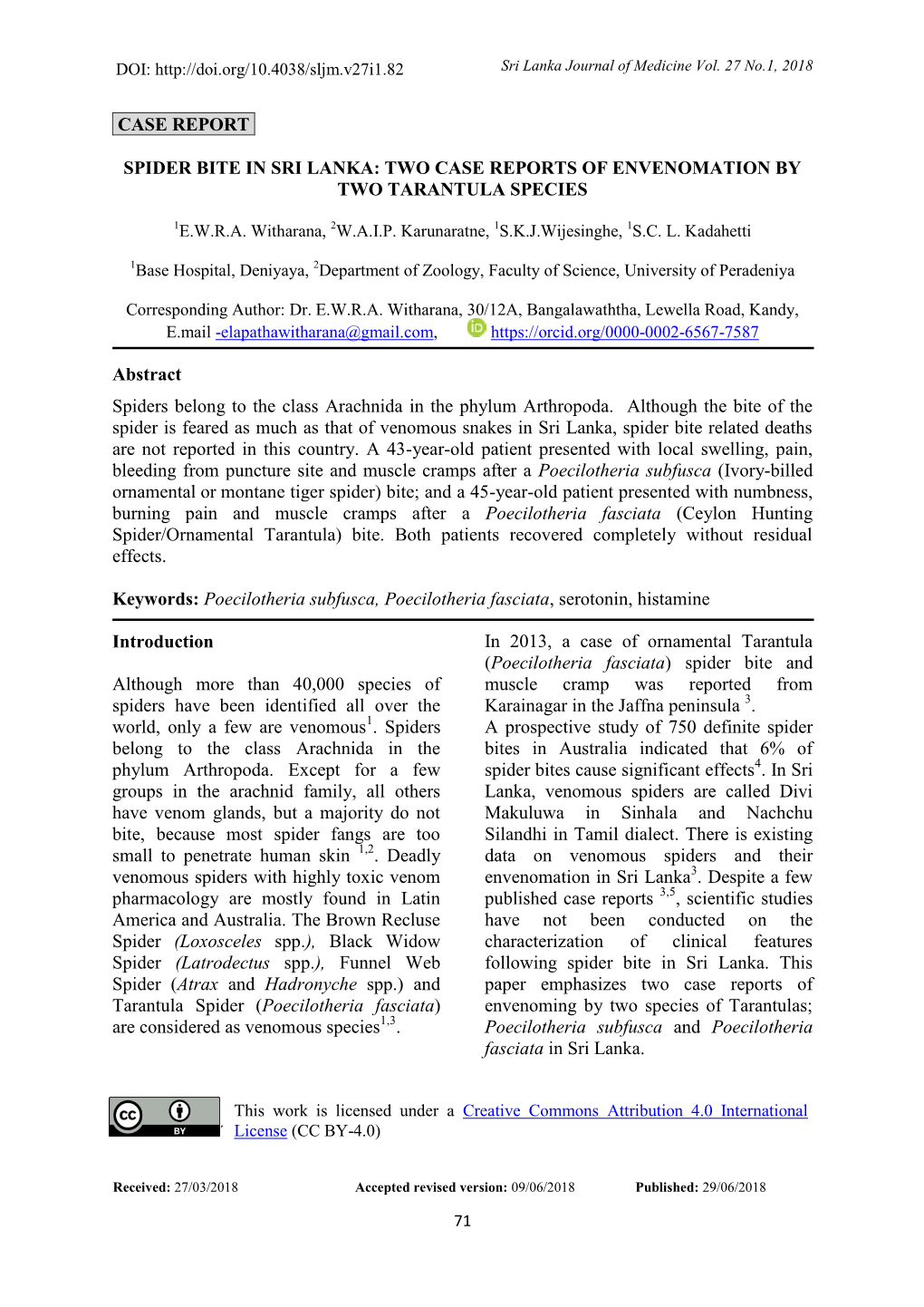 Case Report. Spider Bite in Sri Lanka