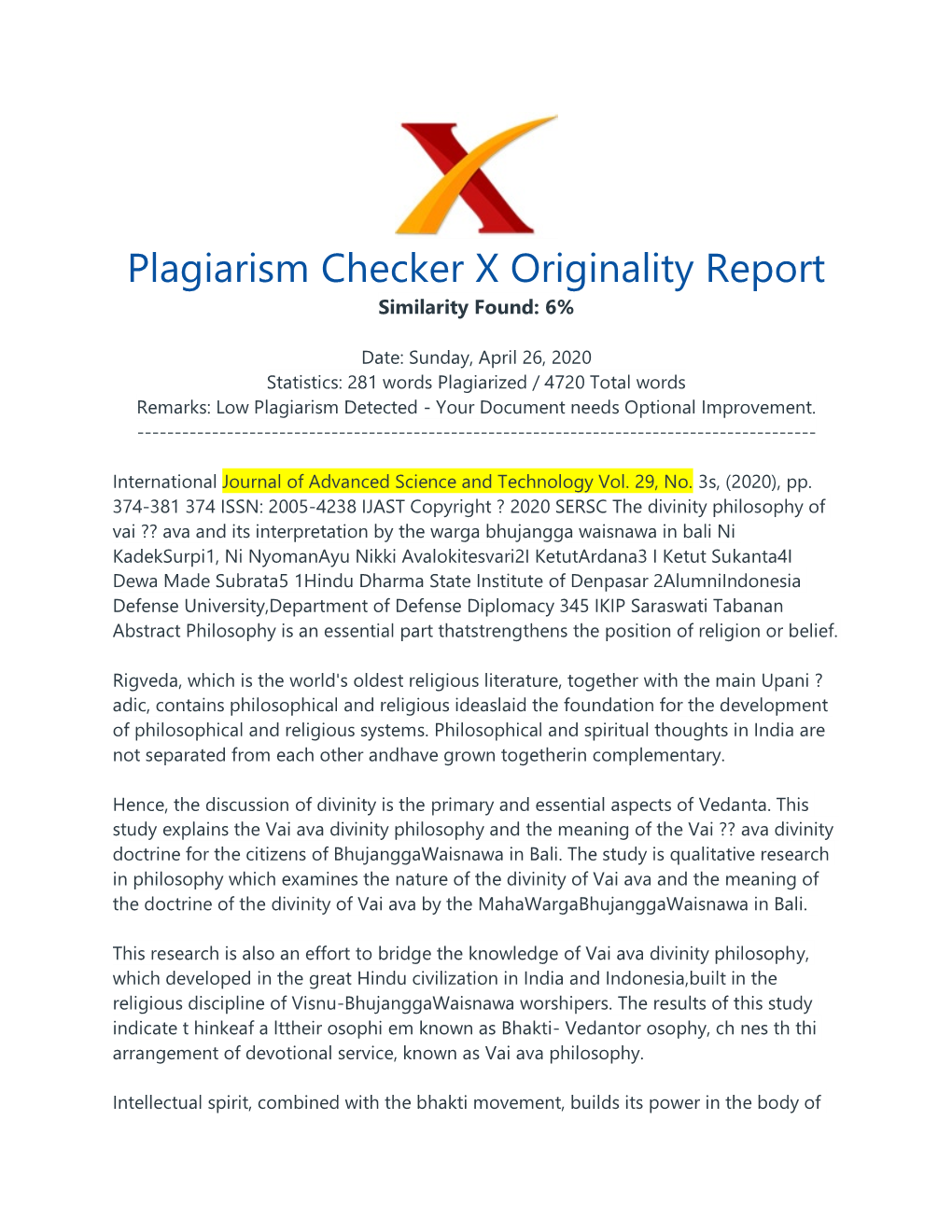 Plagiarism Checker X Originality Report Similarity Found: 6%