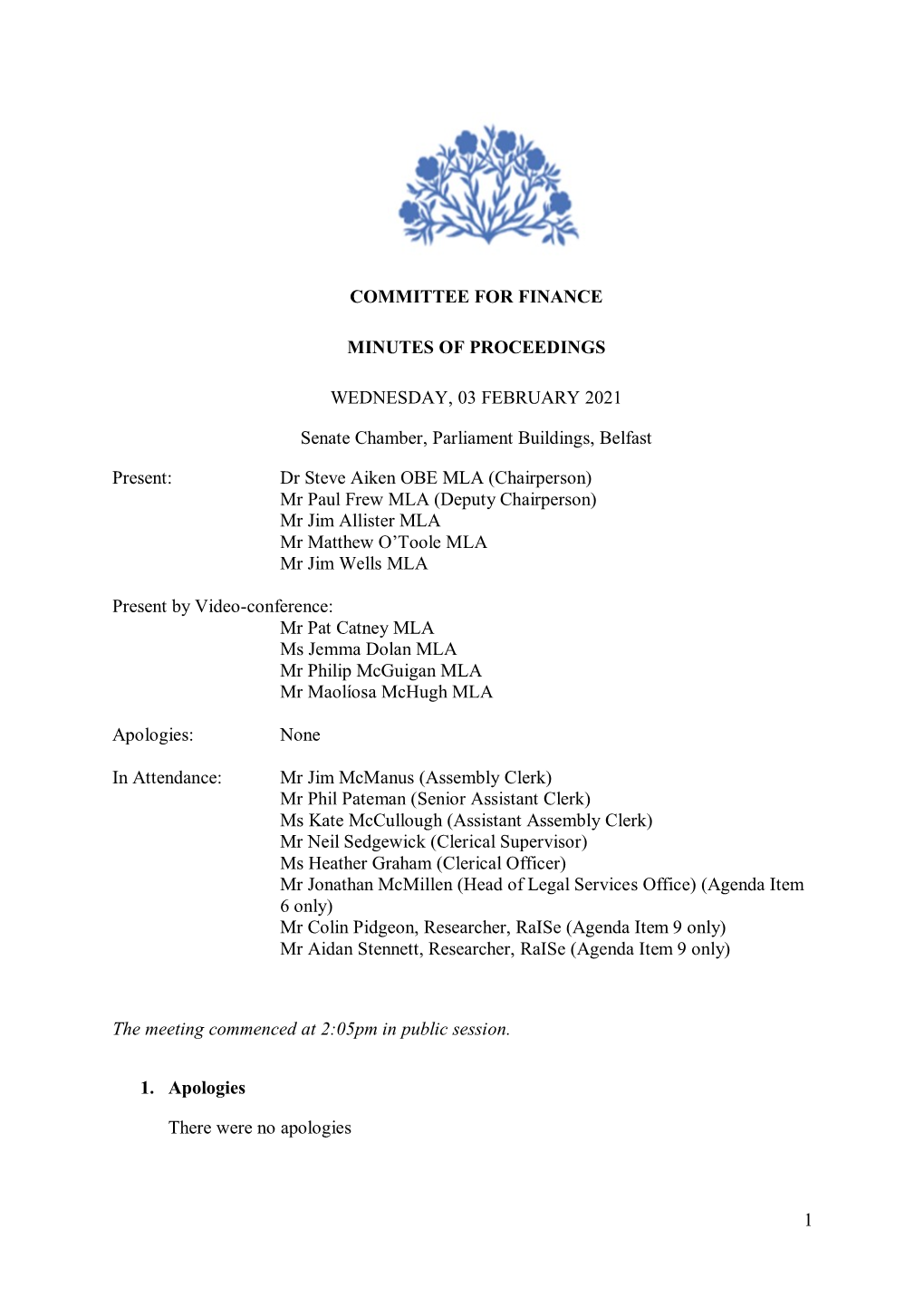 Committee for Finance Meeting Minutes of Proceedings 3 February