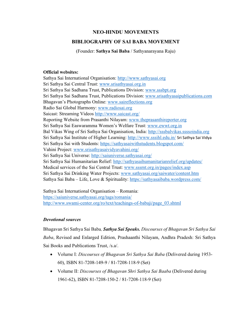 Neo-Hindu Movements Bibliography of Sai Baba Movement