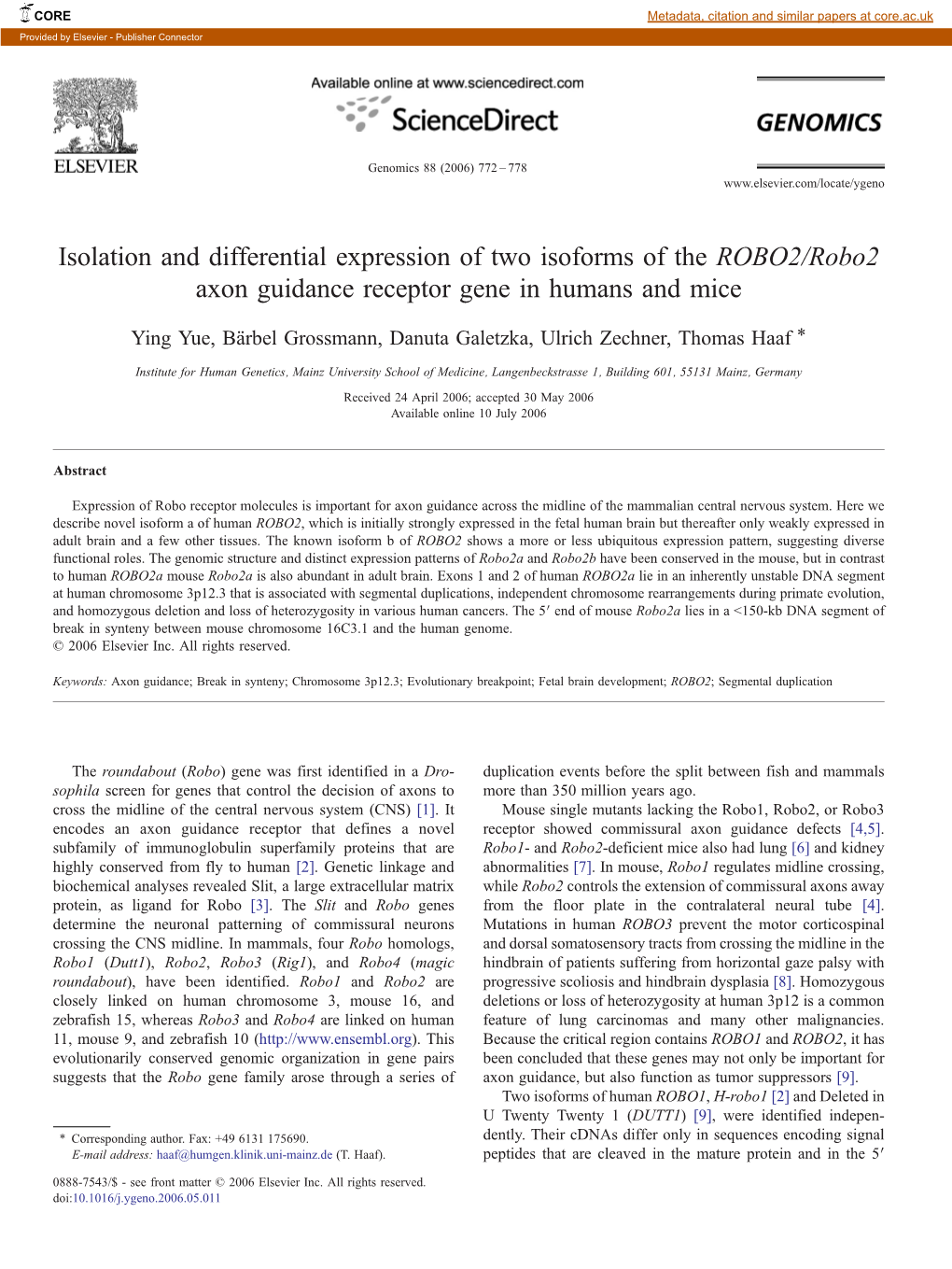 Isolation and Differential Expression of Two Isoforms of the ROBO2/Robo2