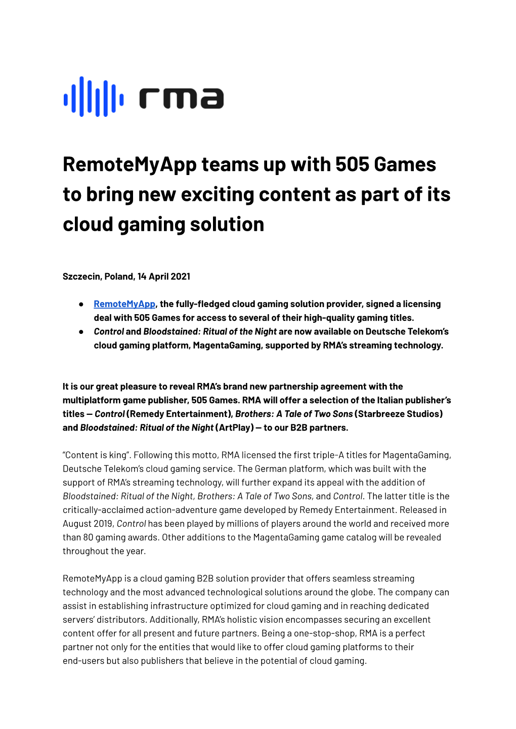 Remotemyapp Teams up with 505 Games to Bring New Exciting Content As Part of Its Cloud Gaming Solution