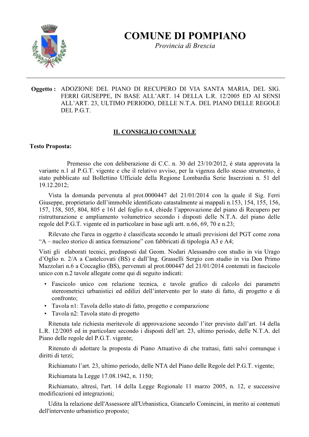 COMUNE DI POMPIANO Provincia Di Brescia