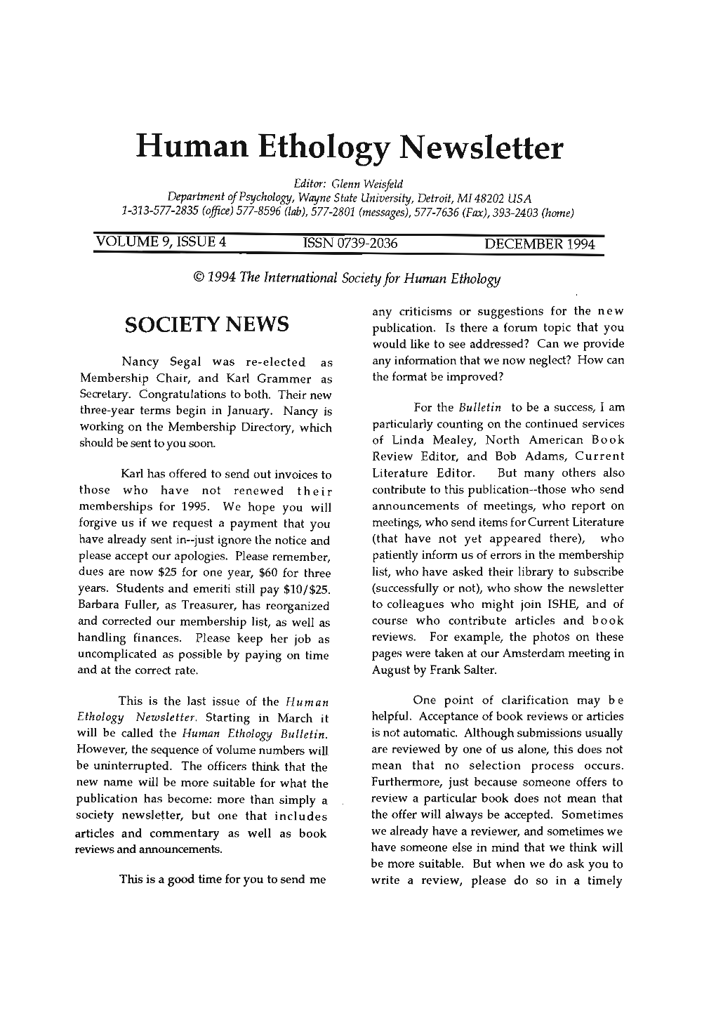 Hutnan Ethology Newsletter
