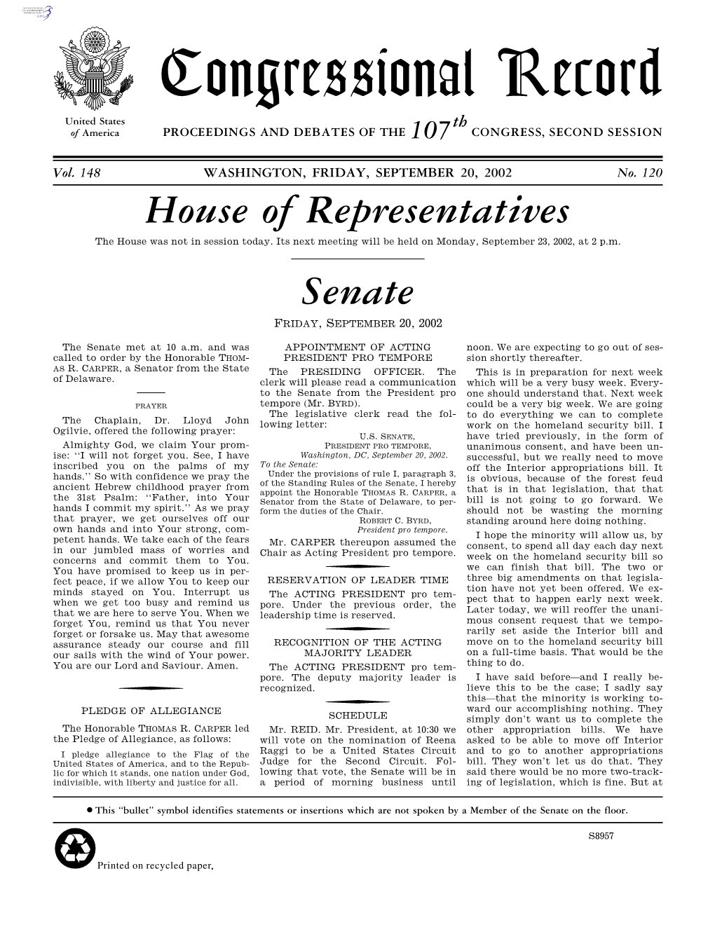 Congressional Record United States Th of America PROCEEDINGS and DEBATES of the 107 CONGRESS, SECOND SESSION