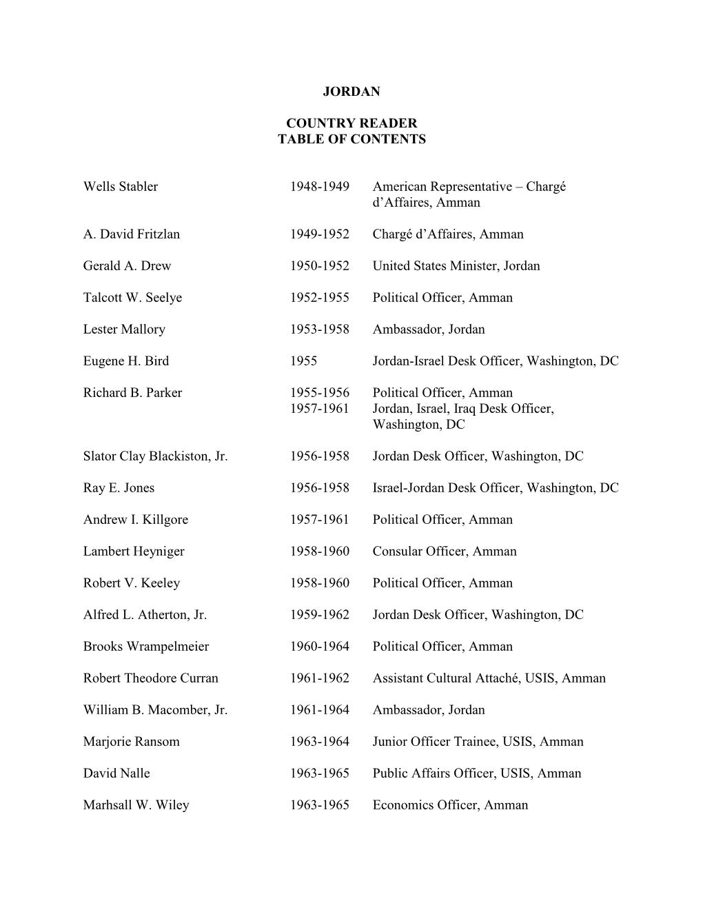 JORDAN COUNTRY READER TABLE of CONTENTS Wells Stabler 1948-1949 American Representative – Chargé D'affaires, Amman A. David