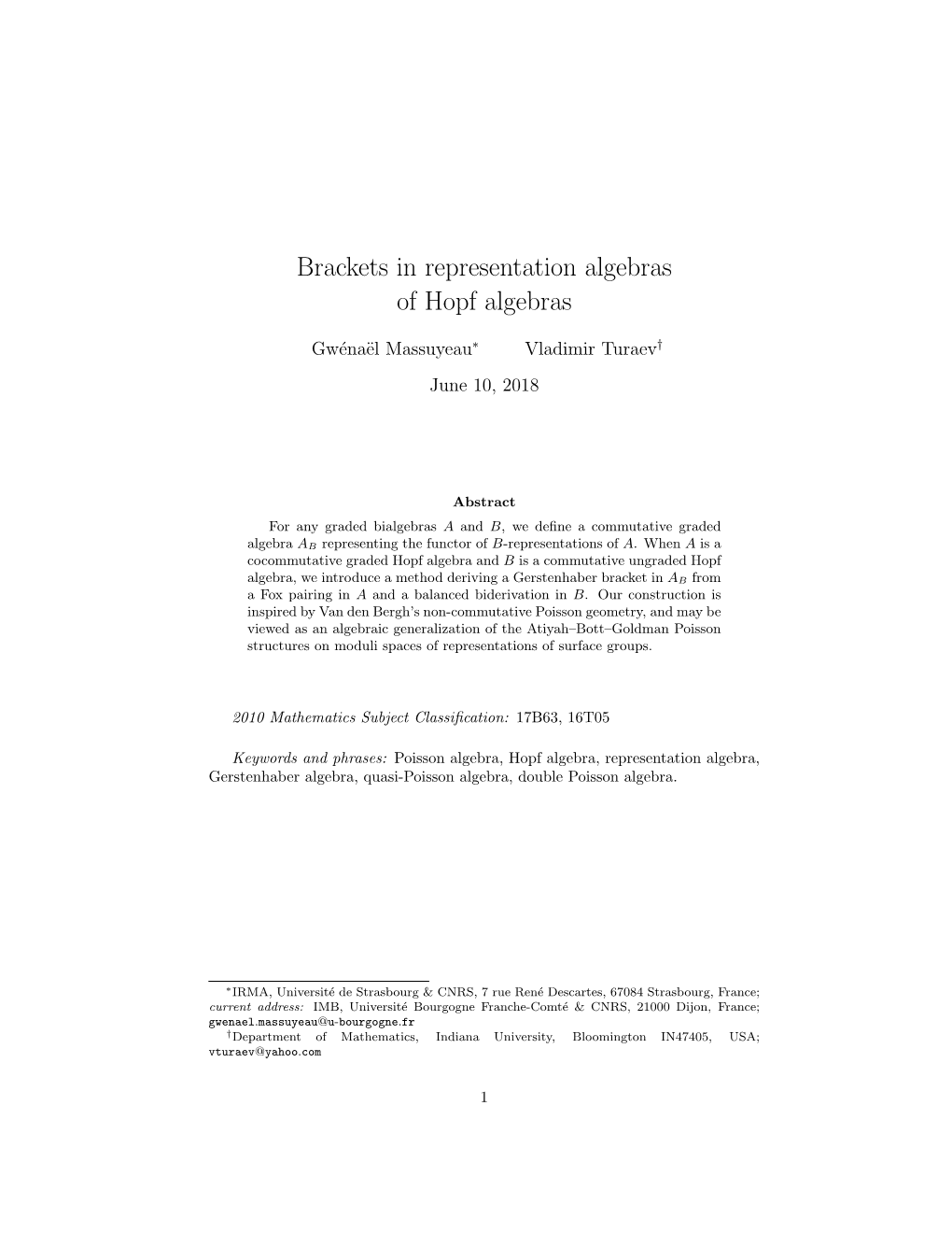 Brackets in Representation Algebras of Hopf Algebras