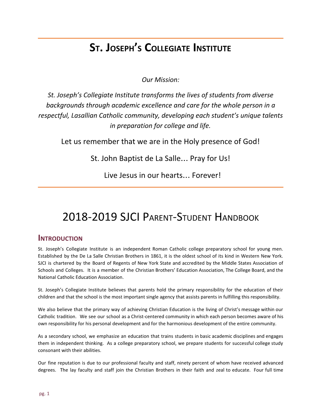 2018-2019 Sjci Parent-Student Handbook