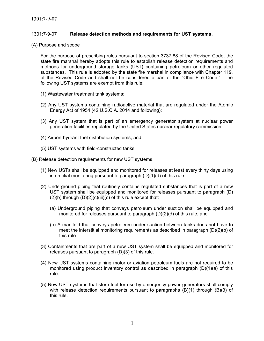 1301:7-9-07 Release Detection Methods and Requirements for UST Systems