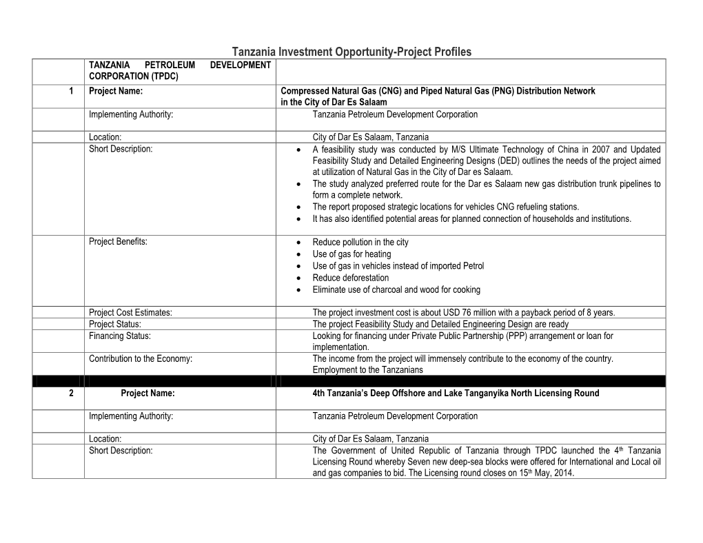 Tanzania Investment Opportunity-Project Profiles